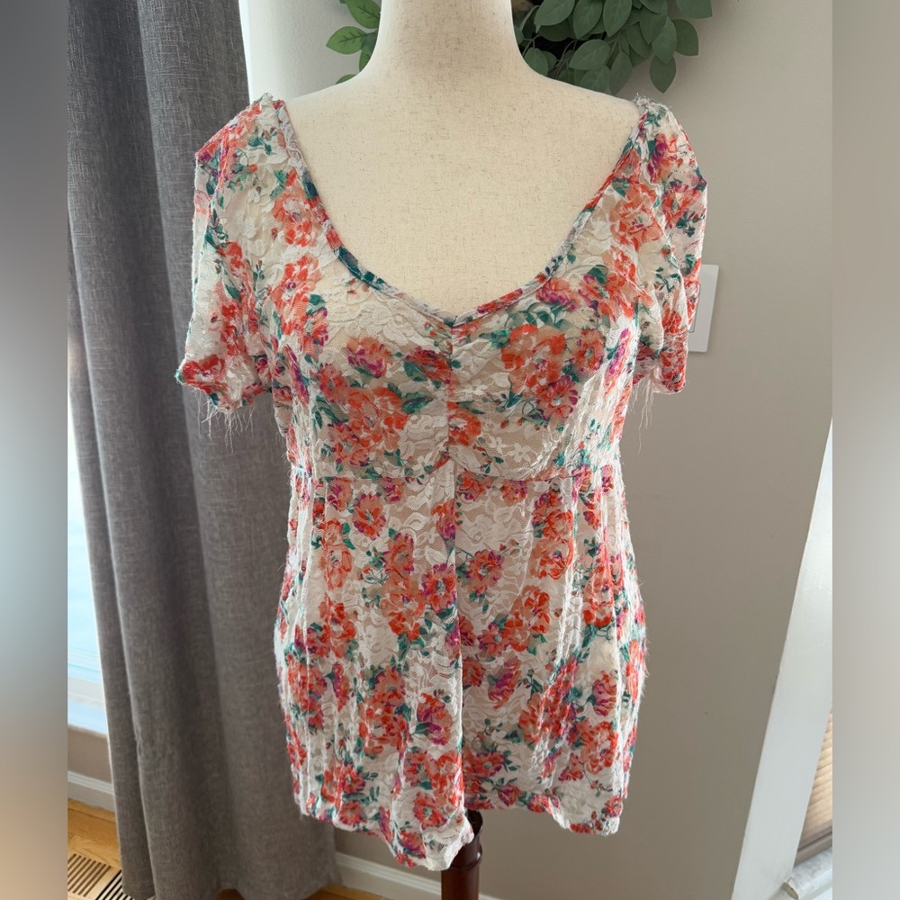 Torrid Floral Lace Blouse with Pink and Orange Accents